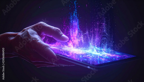 Digital Symphony: An abstract depiction of technology where a hand interacts with a tablet, unleashing a cascade of vibrant, glowing digital particles.
