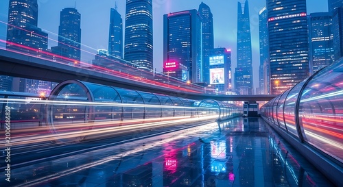 Futuristic cityscape with blurred lights of vehicles and skyscrapers at night