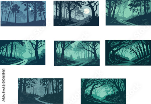 Atmospheric Dark Forest Landscape with Winding Path and Moonlight Concept Art
