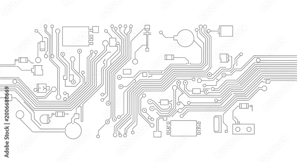 Obraz premium Electronic circuit board schematic drawing line art on isolated white background.
