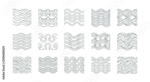Billede på lærred Collection of diverse abstract wave patterns and swirling line art on isolated white background