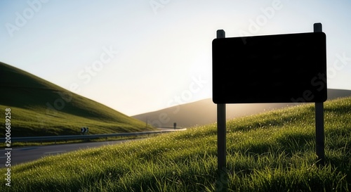 A stark black signboard silhouette stands near a grassy hill beside a winding road during golden hour, offering a blank space for navigation or information.