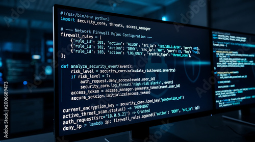 Network firewall configuration and cyber security programming code on computer screen in dark office showing python script for threat detection and data encryption protection