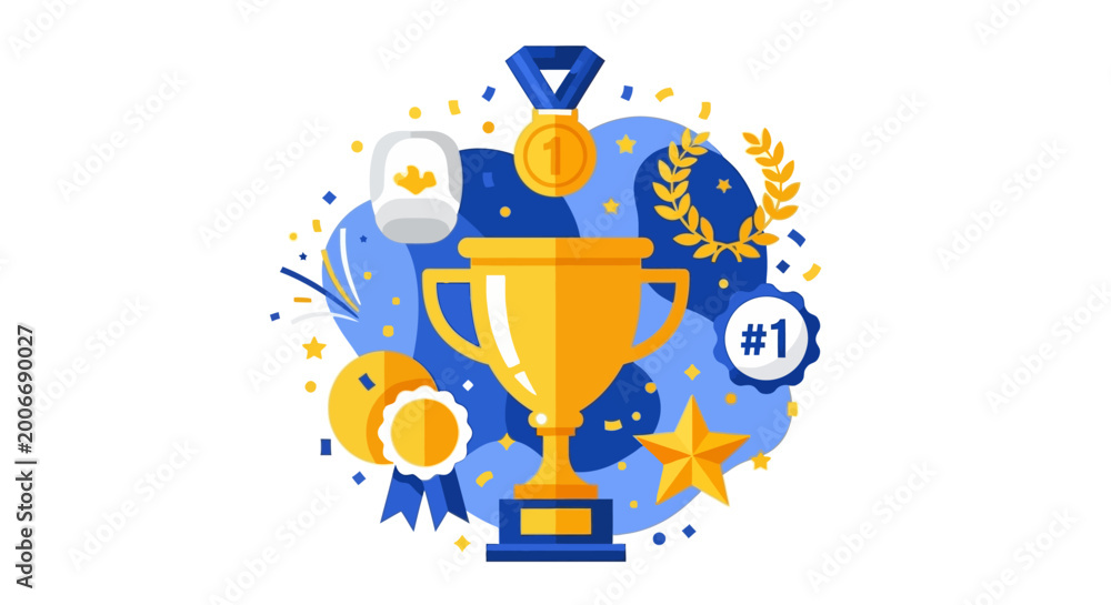 Fototapeta premium Golden Trophy Cup and Achievement Symbols Flat Illustration for Success, Victory, and First Place Award Concept