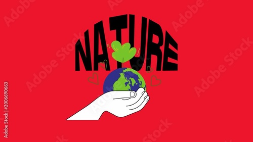 Hand holding planet earth with growing plant and hearts, nature text globe