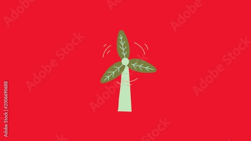 Animated cartoon wind turbine with green leaves on red screen windmill energy
