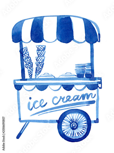 Hand drawn ice cream cart. Linear art ice cream cart ink  drawing, sketch. Use as print, poster, element design, package design, invitation, greeting card, postcard, Ice cream menu design, label.