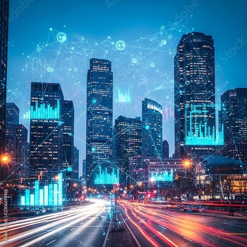 Futuristic cityscape with glowing data streams and traffic trails