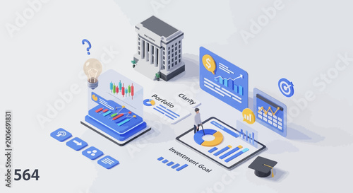 Isometric financial concept bank charts data visualization and investment