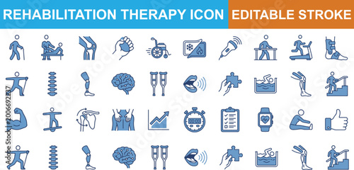Rehabilitation therapy icons set with editable stroke Transparent Background