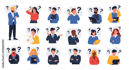 Diverse group of people characters with question marks above their heads represent confusion, thinking, problem solving, and decision making.