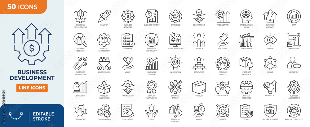 Naklejka premium Business development icon set. Editable stroke. Vector illustration