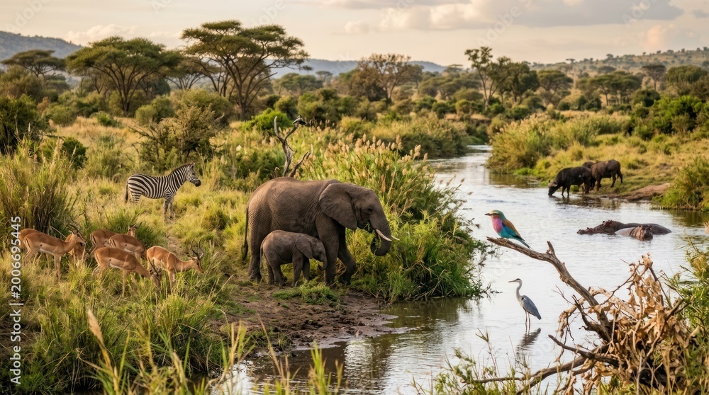 Fototapeta premium Elephants and zebras by a river with a bird and a heron.