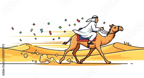 Man riding camel across desert with digital effects