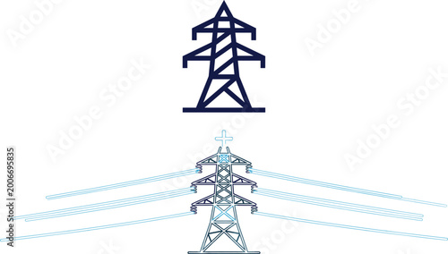 Stylized transmission tower icon and detailed power line illustration representing electricity, energy infrastructure, and utility grid concepts