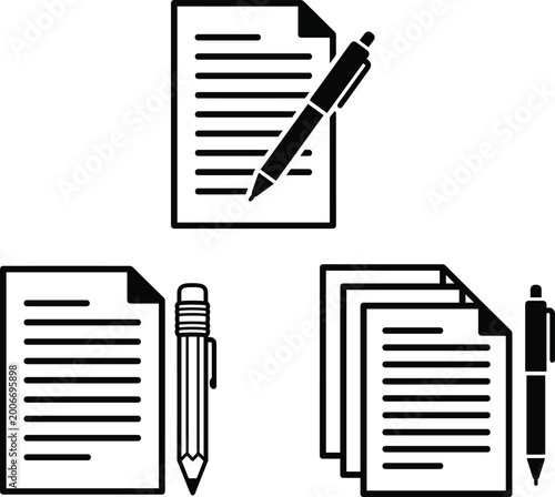 Tableau sur toile Document icon set featuring paper sheets with pens and pencils representing writ