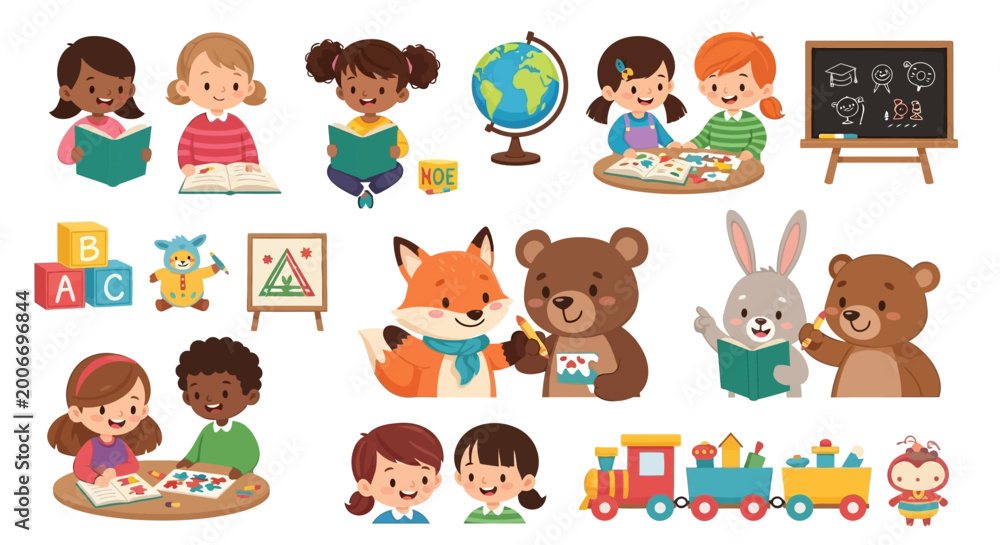 Fototapeta premium Children playing with toys and books.