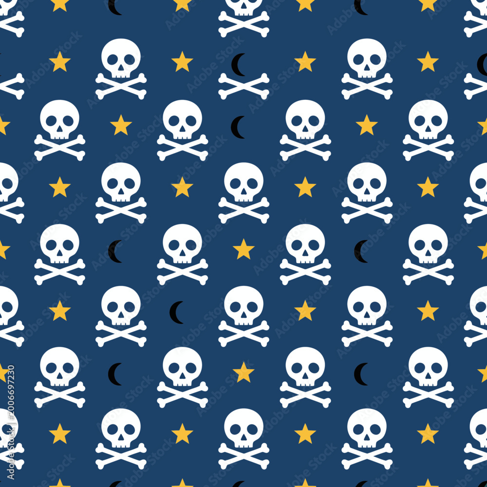 Fototapeta premium Halloween seamless pattern featuring white skulls and crossbones, yellow stars, and black crescent moons on a dark navy blue background for festive fabric and digital designs.