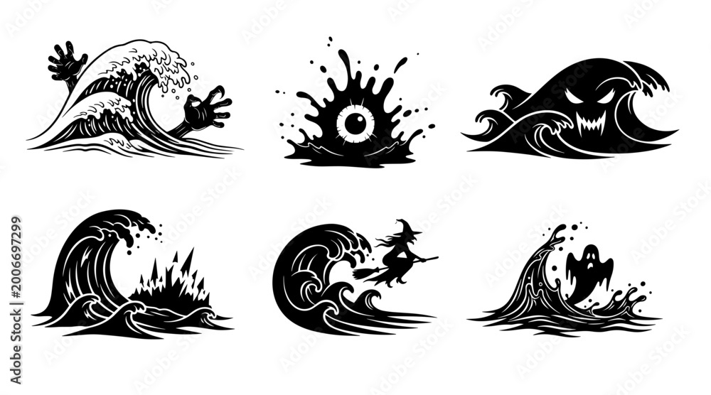 Fototapeta premium halloween wave set with spooky ocean creatures and black ink splash effects