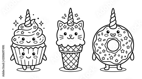 Charming kawaii unicorn treats a black and white collection of sweet delights