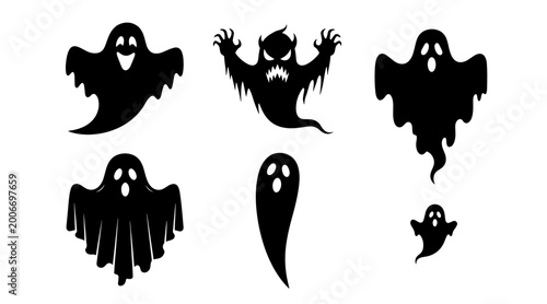 Billede på lærred Collection of Six Spooky Halloween Ghost Silhouettes on White Background, Cartoo