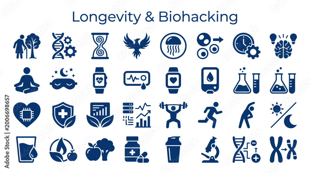 Fototapeta premium Longevity and biohacking concept with icons representing health fitness nutrition science and technology for a longer healthier life