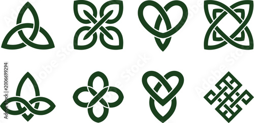 Tableau sur toile Celtic knot icon vector set with green interlaced leaf shapes and traditional Ir