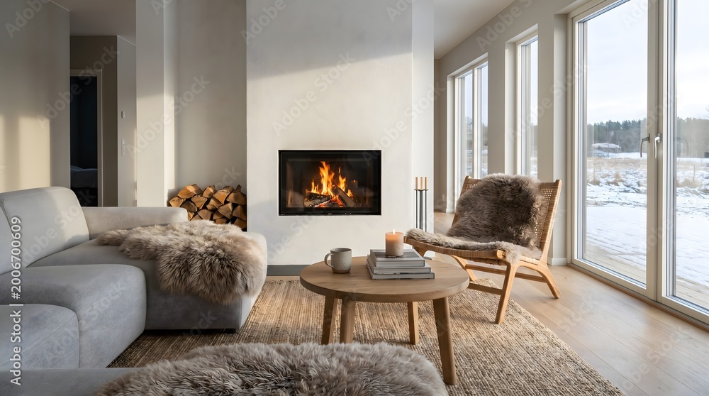 Fototapeta premium Cozy Modern Living Room Interior with Fireplace and Snowy Winter Landscape View