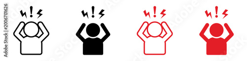 Panic icon set. Icon set of figures holding heads with exclamation marks symbolizing stress. vector illustration on white background