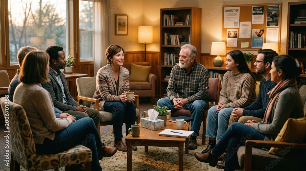 Fototapeta premium A group of people sitting in a circle in a cozy living room, engaged in a conversation.