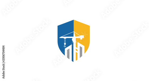 Shield logo with cityscape and crane. Free Download Shield logo with cityscape and crane. - GFXLoad