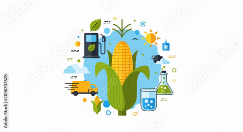 Biofuel Energy Concept Illustration with Corn, Ethanol Production, Renewable Resources, and Eco-friendly Transportation Vector Art