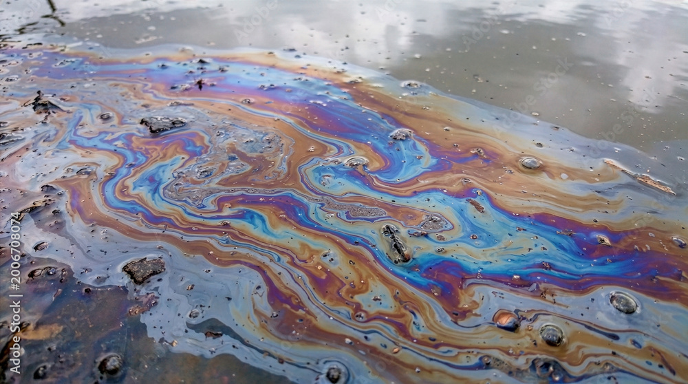 Naklejka premium Colorful Spilled Oil: The iridescent sheen of spilled oil paints a captivating yet ominous scene on water surface, showcasing the impact of environmental pollution.