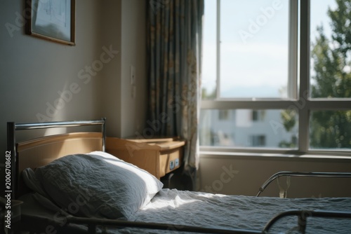 An empty hospital bed with white pillow and wrinkled linens sits beside a bright window, with metal rails, curtains, bedside furniture, and soft daylight filling the quiet room