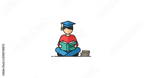 Student wearing graduation cap reading book.