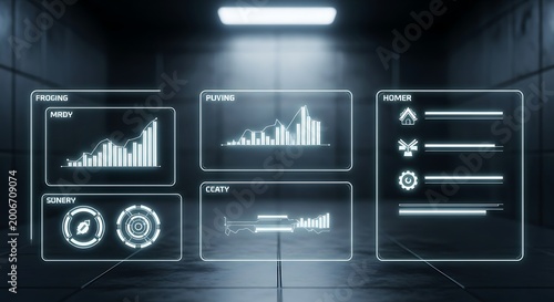 Futuristic digital interface displaying graphs, charts, and data visualizations