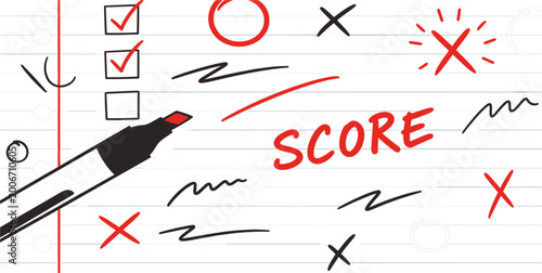 Bild auf Leinwand Exam Score Concept with Red Marker Pen Check Marks and Notebook Paper Background