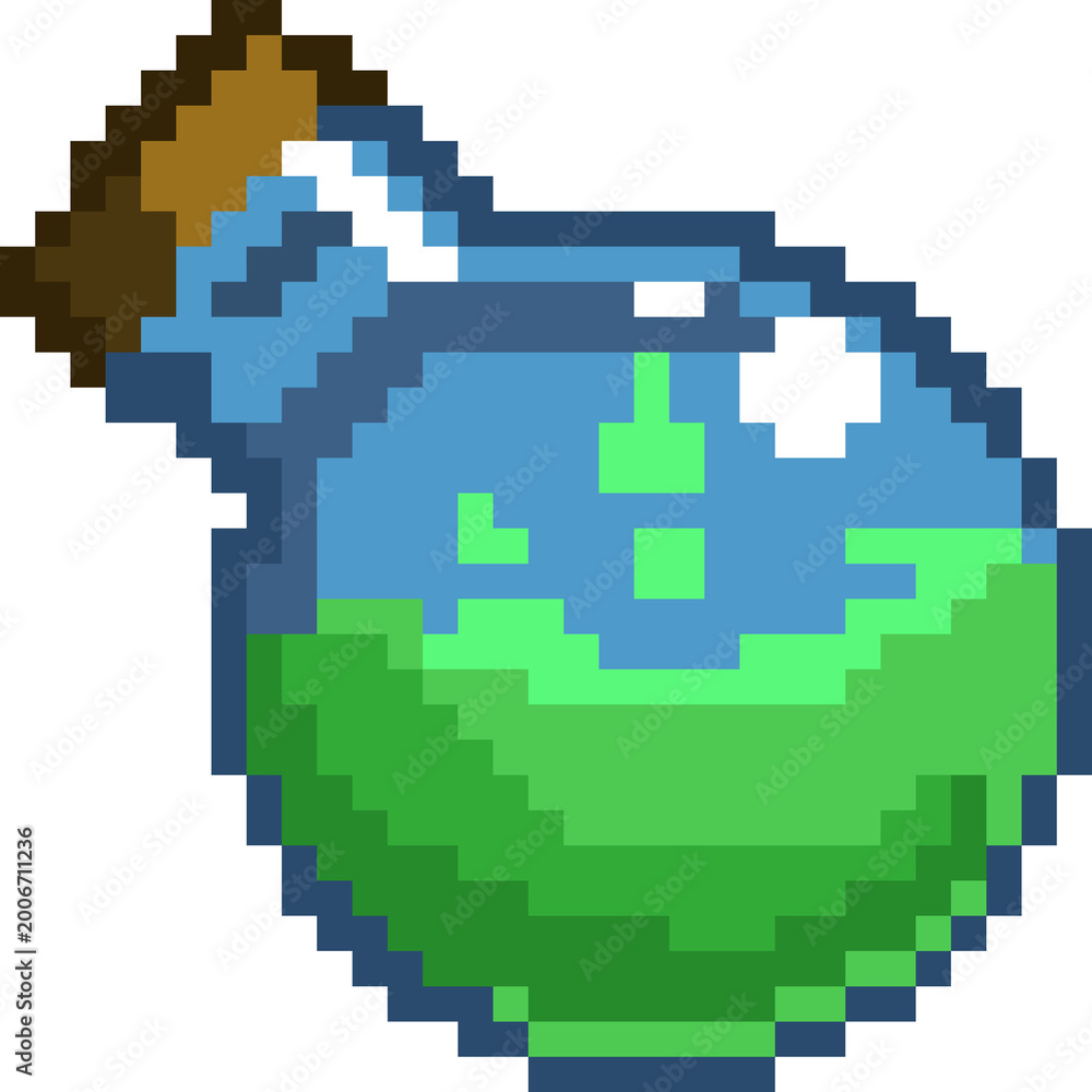 Fototapeta premium Pixel Art Potion Bottle with Green Liquid Isolated on White Background