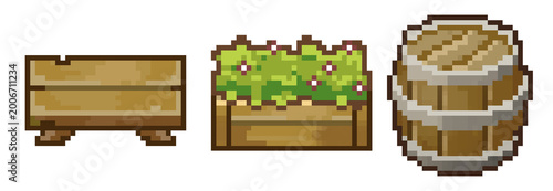 Pixel Art Wooden Crate, Flower Planter Box and Barrel Isolated on White Background
