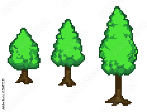 Pixel Art Green Pine Trees Set Isolated on White Background