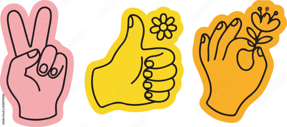 Fototapeta premium Vector illustration of three stylized hands making different gestures isolated on transparent background