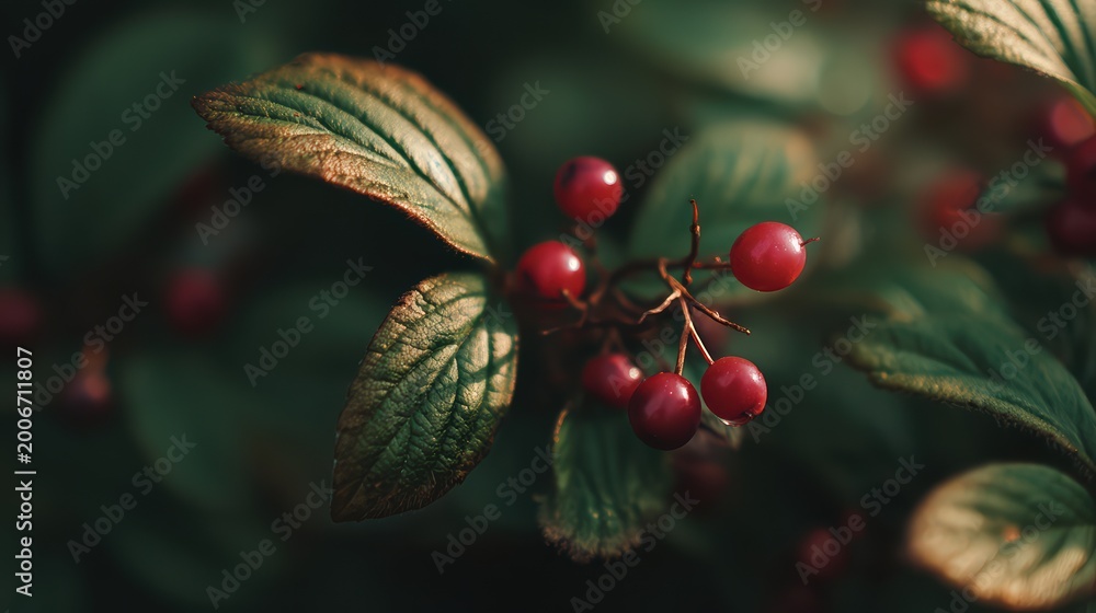 Obraz premium cherries hidden among fresh leaves, shallow depth of field