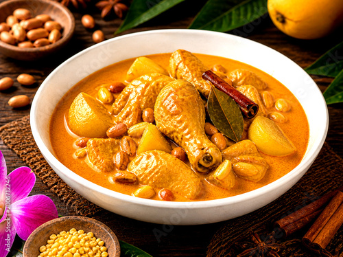 Authentic Thai Massaman Chicken Curry with Potatoes and Peanuts in Coconut Milk, Rich Aromatic Spices, Studio Lighting Food Photography on Rustic Background