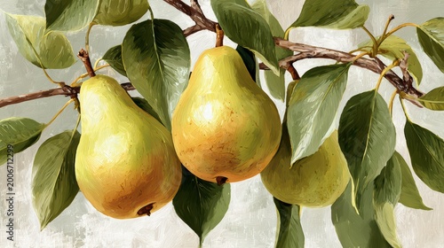 close-up fresh pears among leaves, realistic style