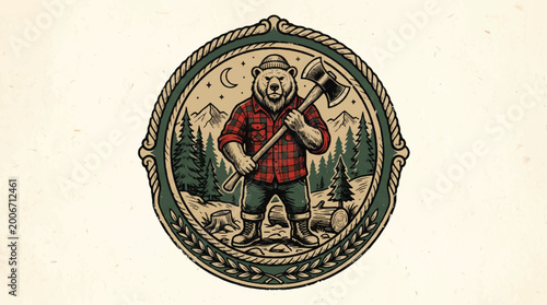Bear lumberjack illustration with axe in forest scene