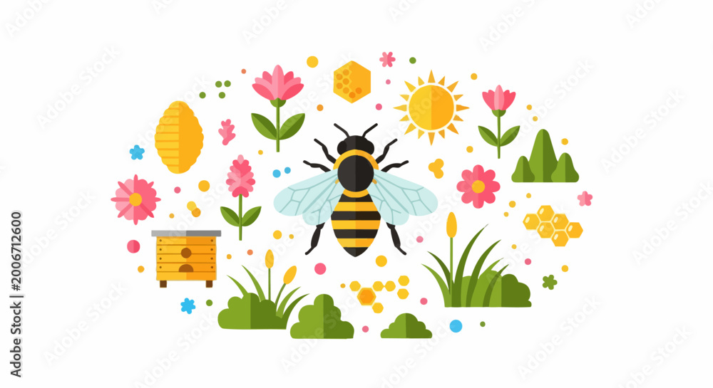 Naklejka premium Flat Design Honeybee and Beekeeping Illustration Set with Flowers, Honeycomb, and Nature Icons for Ecology and Apiculture Concepts