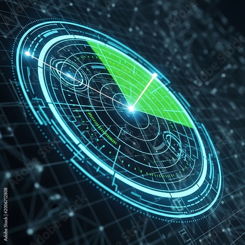 Futuristic glowing digital radar screen with green scan area over network