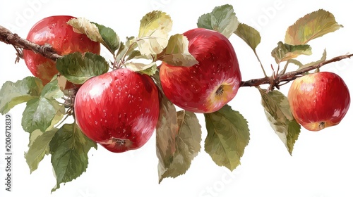 fresh apples growing on branch, leaves partially covering fruit, realistic style
