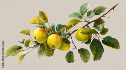 fresh apples growing on branch, leaves partially covering fruit, realistic style