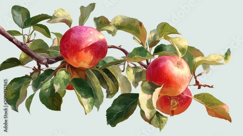fresh apples growing on branch, leaves partially covering fruit, realistic style